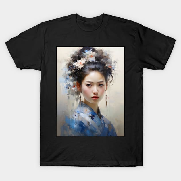 Japanese Girl in Blue With Flowers in Her Hair T-Shirt by kansaikate